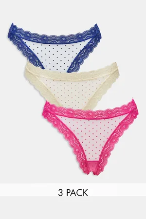 ASOS 3 pack flocked spot mesh thongs in pink, blue & pale yellow