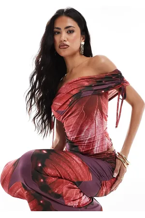Kaiia Exclusive slinky ruched bandeau top in red and purple flower print - part of a set
