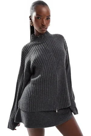 Kaiia Zip through ribbed knit sweater in charcoal - part of a set