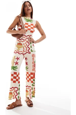 ASOS Slash neck culotte jumpsuit with open tie back in postcard print