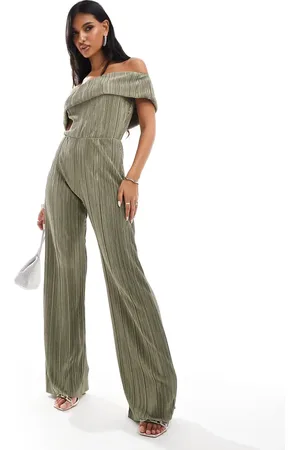 ASOS Plisse bardot wide leg jumpsuit in khaki