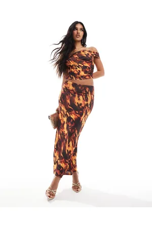 ASOS Double layer slinky maxi skirt in orange print - part of a set