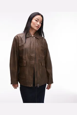 Topshop Faux leather zip through 90s jacket with patch pockets in washed