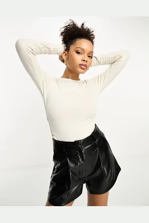 Nike Mini swoosh rib drawstring long sleeve t-shirt in light orewood brown