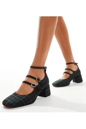 ASOS Wide Fit Socco mid block heeled mary jane shoes in plaid