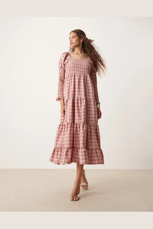 Sister Jane Puff sleeve shirred maxi dress in pink check