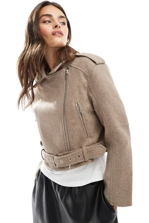 Bershka Wool boxy biker jacket in sand