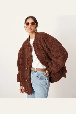ASOS Borg chunky buckle detail oversized bomber jacket in Chocolate
