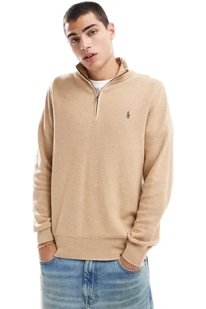 Ralph Lauren Icon logo half zip cotton knit sweater in camel heather