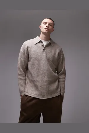 Topman Relaxed fit compact knit polo sweater in oatmeal