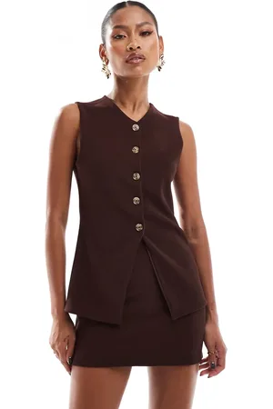ASOS Ribbed longline button up v neck vest top in chocolate - part of a set