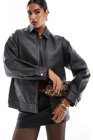 Miss Selfridge Washed faux leather oversized bomber jacket in