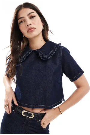 ASOS Denim ruffle collar short sleeve top in indigo