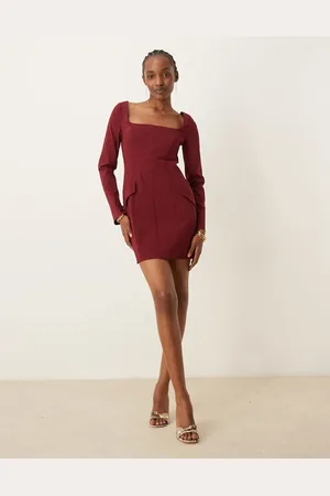ASOS Bengaline long sleeve mini dress with pocket details in burgundy