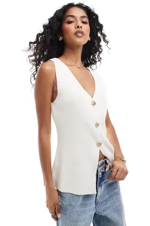 ASOS Knit v neck vest with gold buttons in cream
