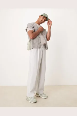 ASOS Smart wide leg pleated wool mix pants in light herringbone