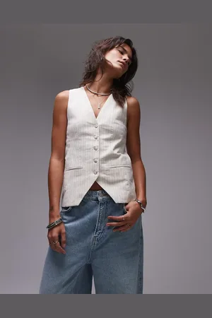 Topshop Stripe linen fitted button up vest in oat