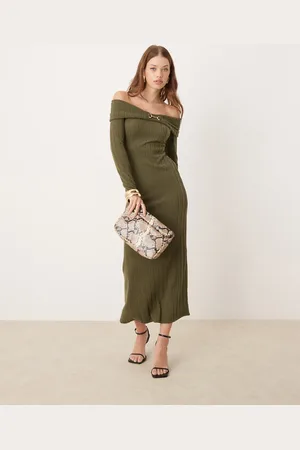 ASOS Fluffy rib fold over hardware maxi dress in khaki