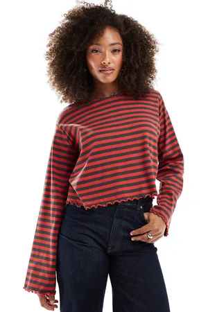 ASOS Lettuce hem long sleeve t-shirt in red and gray stripe