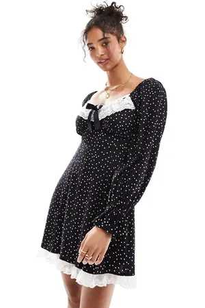Miss Selfridge Lace trim bow detail mini tea dress in polka dot