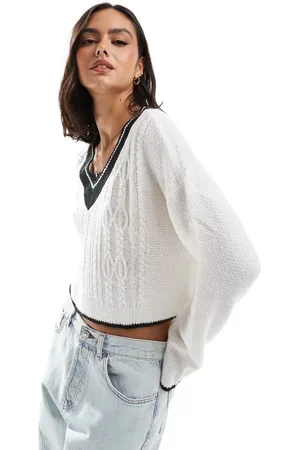 Miss Selfridge Varsity v neck slouchy sweater in cream