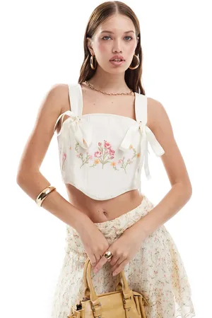 Miss Selfridge Embroidered corset bow top in cream