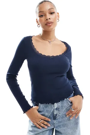 ASOS Scoop neck lace detail long sleeve t-shirt in navy