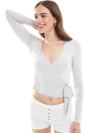 Miss Selfridge Long sleeve jersey wrap top in heather