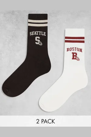 ASOS 2 pack crew socks with Boston and Seattle graphics in ecru and brown