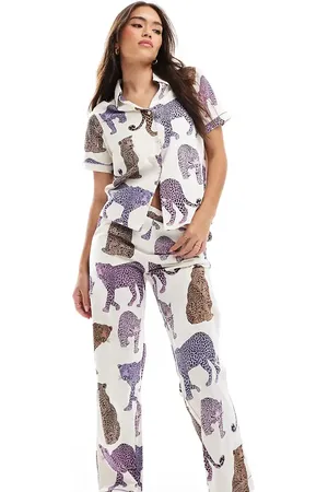 Chelsea Peers Exclusive cotton tonal leopard print button short sleeve top and pants pajama set in off