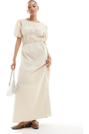 ASOS Poplin tie side shirred maxi dress in stone