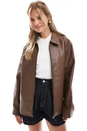 ASOS Zip front leather look harrington jacket in chocolate