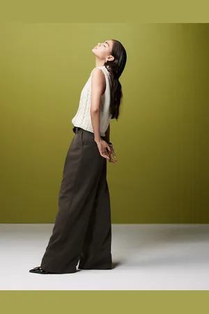 ASOS Super wide leg belted tailored pants in olive
