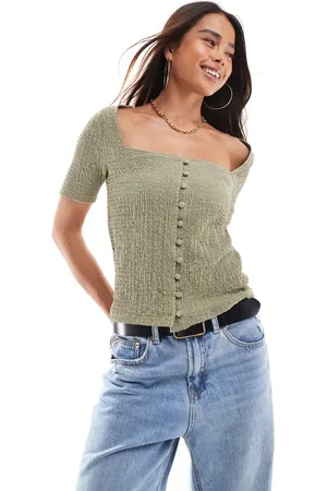 VERO MODA Textured jersey square neck top in khaki
