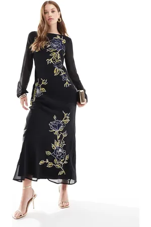 ASOS Long sleeve maxi dress with blue floral embroidery