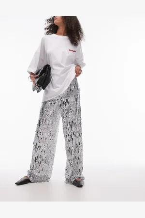 Topshop Sequin wide leg pants in silver