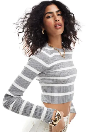 ASOS Knitted long sleeve top with crew neck in gray stripe