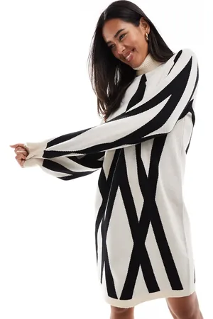 Object Knitted sweater dress with high neck in cream mono print