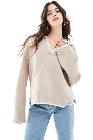 VILA V neck open collar sweater with contrast stitch in beige
