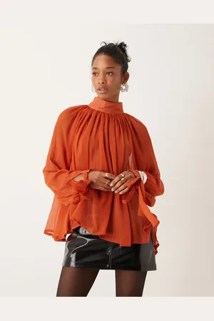 ASOS Sheer high neck blouse with tie cuff detail in rust