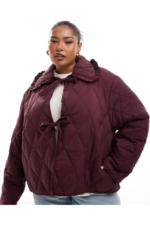 ASOS ASOS DESIGN Curve quilted frill collar jacket with tie front in burgundy
