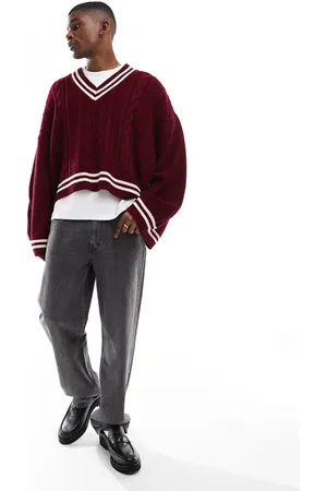 ASOS Knitted extreme oversized cropped v neck sweater in burgundy with tipping