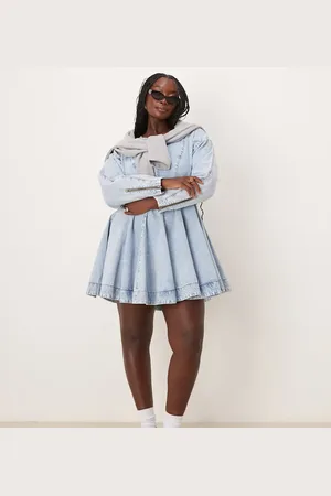 ASOS Curve denim long sleeve mini dress with seam details in bleach wash
