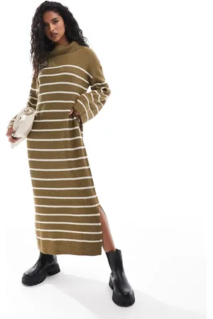 VILA High neck knitted maxi dress in olive stripe