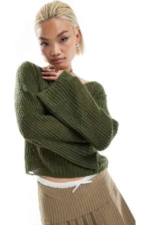 Emory Park Open back soft knit sweater in khaki