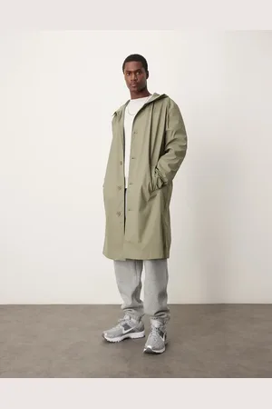 ASOS Rubberized trench coat with hood in khaki