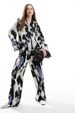 VILA Satin wide leg pants in blue graphic print - part of a set