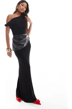 ASOS Twisted off shoulder maxi dress with structured faux leather peplum in