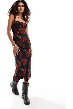 Kiss The Sky Ruched square neck dress with floral print in black