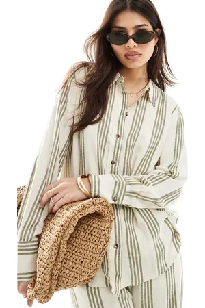 JDY Long sleeve linen mix shirt in sage and white stripe - part of a set